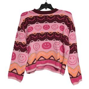 Justice Pink Sweater Smiley Fair Isle Stripe Pixel Art Gamer Womens Size XL Plus